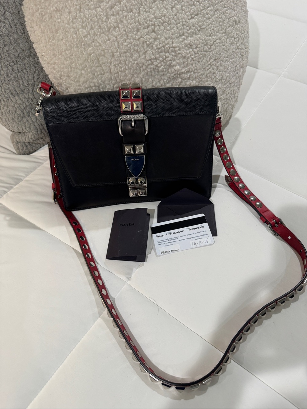 Prada Black Leather Shoulder Bag with Red Studded Strap - Picture 2 of 4